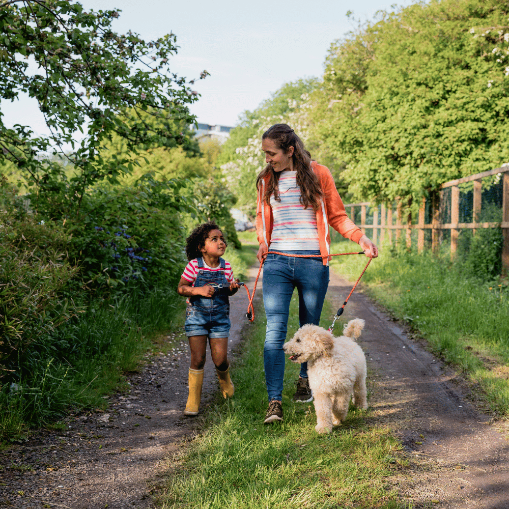 A UC Online Lifestyle and Wellbeing student walks through a park with her daughter and the family dog.