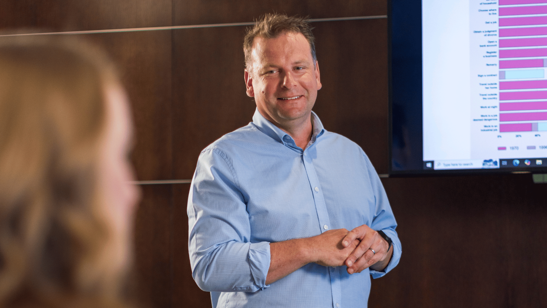 Man presenting data in a boardroom, inspiring other job changers.