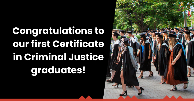 A photograph of graduating University of Canterbury students, next to text congratulating Criminal Justice graduates.