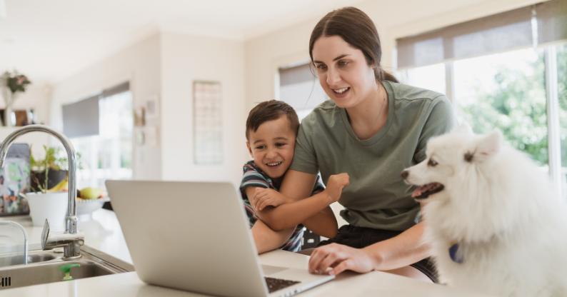 Woman studying with son and dog at home with Tuihono UC | UC Online