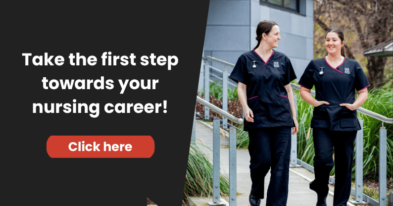 A photo of two UC Online nursing students walking through hospital grounds, with text inviting readers to study nursing.