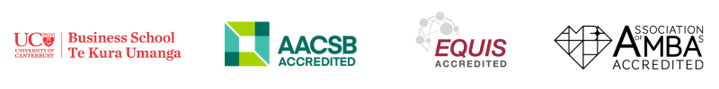 A graphic showing the logos of the UC Business School and the accrediting bodies AACSB, EQUIS and AMBA.