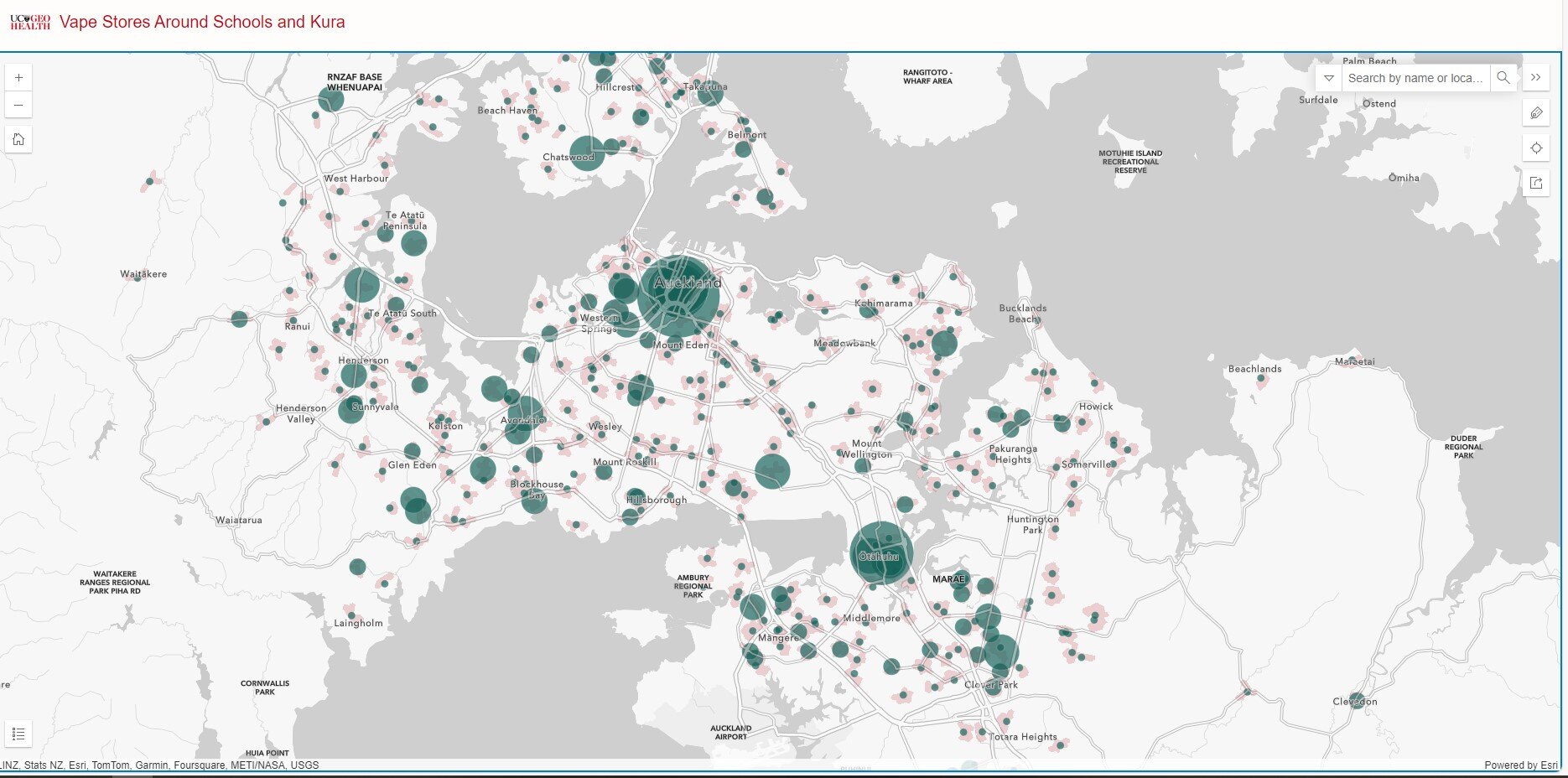 Image of interactive map showing vape stores in proximity to schools in Aotearoa | Tuihono UC GIS for Mapping